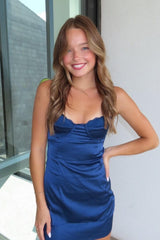 Trendy Sheath Spaghetti Straps Navy Satin Short Homecoming Dress