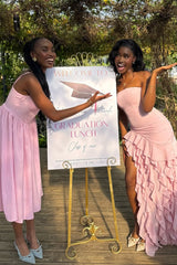 Trendy Sheath Strapless Pink Long Party Dress with Split Front Ruffles