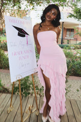 Trendy Sheath Strapless Pink Long Party Dress with Split Front Ruffles