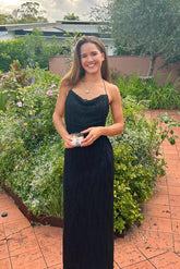 Trendy Spaghetti Straps Black Long Party Dress with Backless