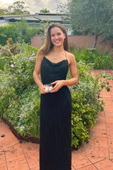 Trendy Spaghetti Straps Black Long Party Dress with Backless