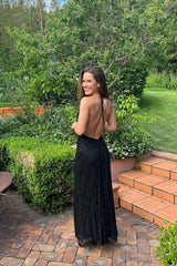 Trendy Spaghetti Straps Black Long Party Dress with Backless