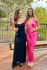 Trendy Spaghetti Straps Black Long Party Dress with Backless