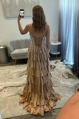 Trendy Sparkly Champagne Corset Beaded Prom Dress with Tiered Ruffles and Front Slit