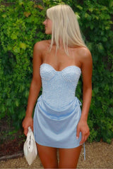 Trendy Sweetheart Pearl Corset Mini Homecoming Dress with Ruched Skirt