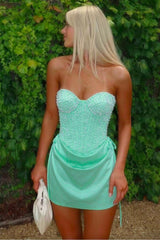 Trendy Sweetheart Pearl Corset Mini Homecoming Dress with Ruched Skirt