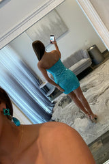 Turquoise Strapless Bodycon Homecoming Dress with Geometric Mirror Detailing