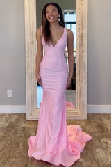 V-Neck Beaded Mermaid Prom Dress with Side Illusion