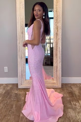 V-Neck Beaded Mermaid Prom Dress with Side Illusion