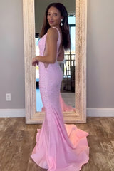 V-Neck Beaded Mermaid Prom Dress with Side Illusion
