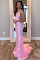 V-Neck Beaded Mermaid Prom Dress with Side Illusion