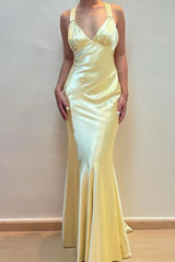 V-Neck Cross Back Yellow Satin Prom Gown with Ruched Detailing
