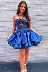 Vibrant Royal Blue A-Line Halter Neck Beaded Top Short Satin Homecoming Dress