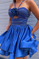 Vibrant Royal Blue A-Line Halter Neck Beaded Top Short Satin Homecoming Dress