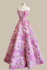 Vintage-Inspired Pink Floral Jacquard Ball Gown Prom Dress with Corset Bodice
