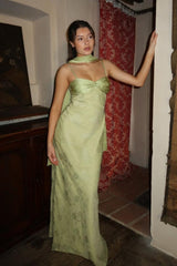 Vintage-Inspired Sage Green Long Prom Dress with Matching Neck Scarf