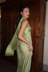 Vintage-Inspired Sage Green Long Prom Dress with Matching Neck Scarf