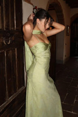 Vintage-Inspired Sage Green Long Prom Dress with Matching Neck Scarf