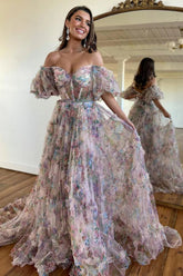 Whimsical Floral Tulle Off-The-Shoulder Dress with Belt for Formal Events