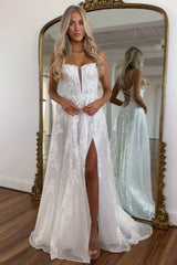 White A-Line Spaghetti Straps Lace Up long Prom Dress with Slit and Appliques