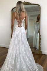 White A-Line Spaghetti Straps Lace Up long Prom Dress with Slit and Appliques