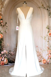 White Elegant Mermaid V-Neck Sweep Train Satin Wedding Dress with Front Slit