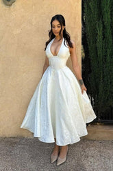 White Halter A-Line Jacquard Midi Prom Dress with Structured Corset Bodice