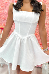 White Open Back Mini Homecoming Dress with Bow Detail and Flared Skirt