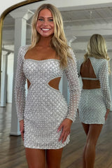 White Pearl Beaded Long Sleeve Cutout Back Mini Homecoming Dress