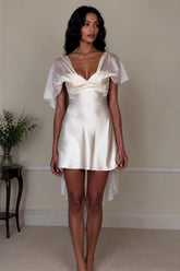 White Satin Mini Homecoming Dress with Deep V-Neck and Delicate Sheer Sleeves