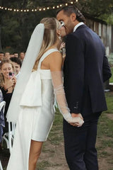 White Satin Mini Wedding Dress with Square Neck and Bow Train