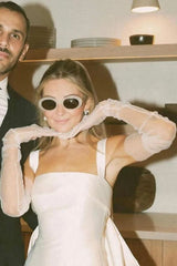 White Satin Mini Wedding Dress with Square Neck and Bow Train