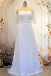 White Sheath Long Simple Satin Wedding Dress with Detachable Lace Shawl