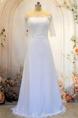 White Sheath Long Simple Satin Wedding Dress with Detachable Lace Shawl