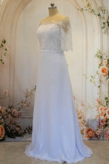 White Sheath Long Simple Satin Wedding Dress with Detachable Lace Shawl