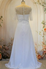 White Sheath Long Simple Satin Wedding Dress with Detachable Lace Shawl