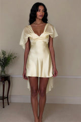 White Satin Mini Homecoming Dress with Deep V-Neck and Delicate Sheer Sleeves