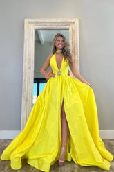 Yellow A-Line Long Satin Prom Dress with Deep V-Neck and Elegant Beading