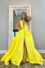 Yellow A-Line Long Satin Prom Dress with Deep V-Neck and Elegant Beading