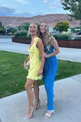 Yellow Asymmetrical Ruffle Hem Homecoming Dress with Floral Shoulder Detail