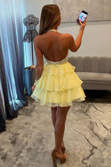 Yellow Floral Lace Homecoming Dress with Layered Chiffon Ruffle Skirt