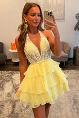 Yellow Floral Lace Homecoming Dress with Layered Chiffon Ruffle Skirt