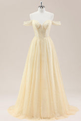 Yellow Off-Shoulder Corset Prom Gown Featuring Glitter Finish and Pearl Accents