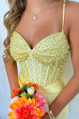 Yellow Satin Spaghetti Straps Corset Mini Homecoming Dress with Pearls