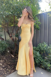 Yellow Satin Spaghetti Straps Long Ruched Prom Dress with Slit