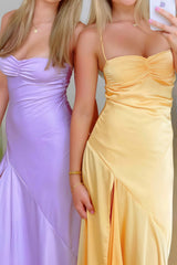 Yellow Satin Spaghetti Straps Long Ruched Prom Dress with Slit