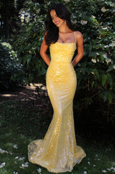 Yellow Sequin Strapless Mermaid Prom Dress with Crisscross Open Back