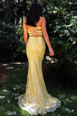 Yellow Sequin Strapless Mermaid Prom Dress with Crisscross Open Back