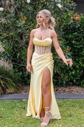 Yellow Spaghetti Strap Lace Up Satin Prom Dress with Sheer Corset and Slit