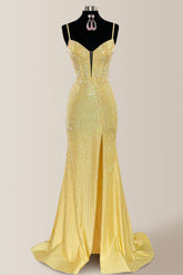 Yellow Sparkly Mermaid Prom Dress with Spaghetti Straps and Beaded Detail